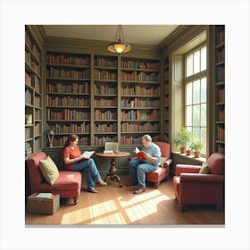 A Cozy English Library Corner With Readers Immersed In Their Books, Watercolor 1 Canvas Print