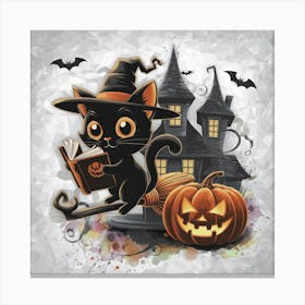 Halloween Cat On Broom Canvas Print