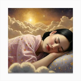 A photorealistic portrayal of a woman with shiny black bobbed hair, asleep on shimmering golden clouds. The sky around her is dotted with stars, each shaped like a Hello Kitty cat, casting a soft glow. Created Using: high-resolution detail, magical night sky, gold-tinted clouds, playful star designs, tranquil mood, soft glow effects, enchanted setting, clear focus --ar 16:9 --v 6.0 Canvas Print