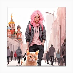 Girl With Cat In Moscow Canvas Print