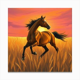 Horse Galloping In The Field At Sunset Canvas Print