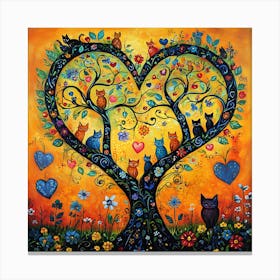 Folk Art Heart Tree Cat Climbing Artwork 6 Canvas Print