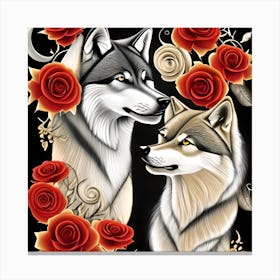 Wolves And Roses Canvas Print