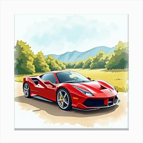 Ferrari 488 Pista In A Colorful Watercolor Landscape, No Signature Or Logo 1 Canvas Print