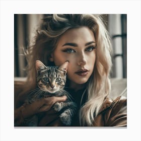 Portrait Of A Woman Holding A Cat Canvas Print