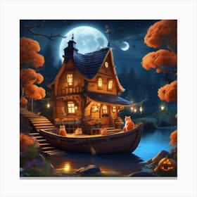 Halloween House On The Lake Canvas Print