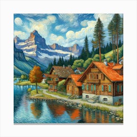 Switzerland Village With Lake, Surrounded By Pine Forest And Towering Mountains, Painting Art Canvas Print