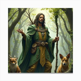 Druid With A Staff Made Of Living Branches Surrounded By Woodland Creatures 1 Canvas Print