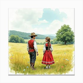 Watercolor Depiction Of Romanian Folklore In An English Countryside 1 Canvas Print