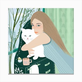 Green Girl With A White Cat Square Canvas Print