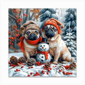 Pugs With Snowman Canvas Print