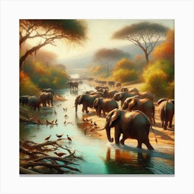 Elephants In The River Canvas Print