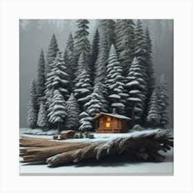 Small wooden hut inside a dense forest of pine trees with falling snow 7 Canvas Print