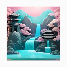 Asian Landscape With Waterfall Japanese Textured Monochromatic Canvas Print