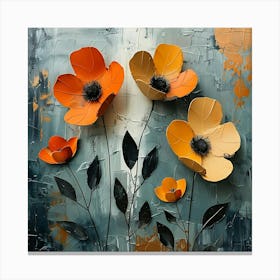 Abstract Textured Artwork Featuring Three Dimensional Orange And Yellow Flowers On A Dark Blue Background Canvas Print