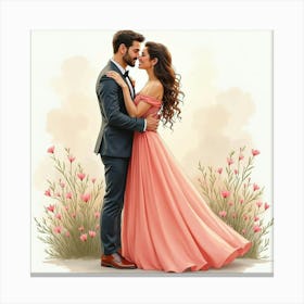 Spanish Couple In A Romantic Embrace, Watercolor Soft Hues And Shadows 1 Canvas Print