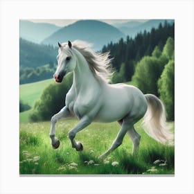 White Horse Galloping In The Meadow Canvas Print