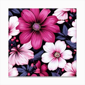 Floral Fantasia A Vibrant Pattern Bursting With Baby Pink White And Dark Pink flowers Pink Flowers On Black Background Canvas Print