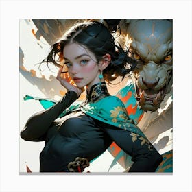 Nix. Illustration of a Woman with a monster in the background, Nix was the Goddess without fear Canvas Print