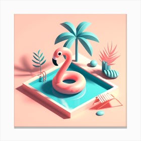 Pool Party: A Simple and Fun Illustration of a Pool with a Pink Flamingo Float and a Palm Tree Canvas Print