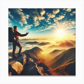 Man On Top Of Mountain At Sunrise Canvas Print