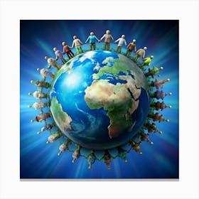 A conceptual image of people holding hands around the Earth. Canvas Print