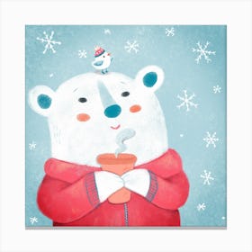 Polar Bear Bird And Coffee Square Canvas Print
