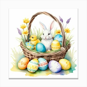 Playful bunny peek from a basket, encircled by flowers and colorful Easter eggs, watercolor painting style Canvas Print