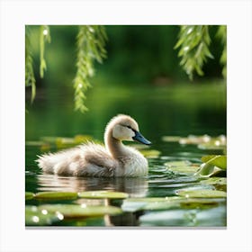 Fluffy Cygnet Paddling In A Tranquil Duck Pond Soft Feathers Ruffled Gently By The Serene Waters A Canvas Print