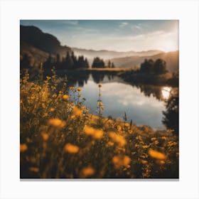 Yellow Flowers By The Lake Canvas Print