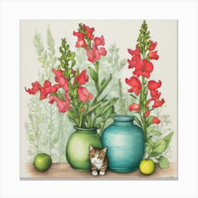 Drawing Of A Still Life Of Snapdragon With A Cat Art Print Canvas Print