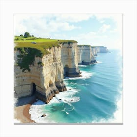 French Coastal Cliffs In Watercolor With Crashing Waves And Rugged Terrain 1 Canvas Print