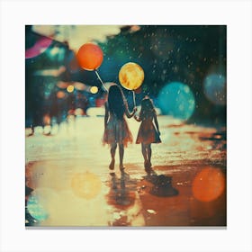 Two Girls Holding Balloons In The Rain Canvas Print