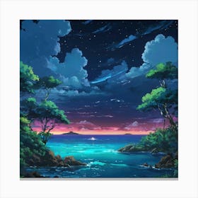Tranquil Tropical Cove Under a Starry Night Sky at Dusk Canvas Print