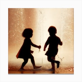 Silhouette Of Children Playing In Water Canvas Print