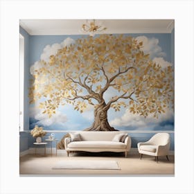 Golden leaves with blue and white background Canvas Print