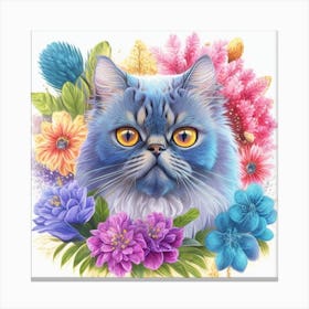 Blue Cat With Flowers Canvas Print