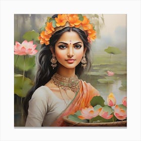 Indian Girl With Lotus Flowers Canvas Print