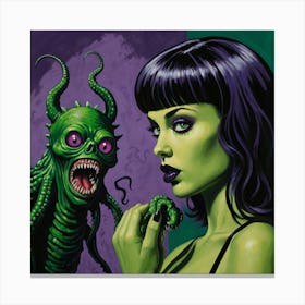 Cthulhu Skull Head with Cute Goth Girl Canvas Print