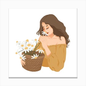 Girl Smelling Daisies Canvas Print