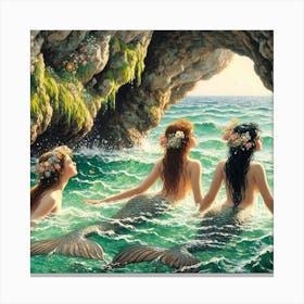Three mermaids. Inspired by the style of John William Waterhouse.  Canvas Print