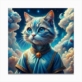 Cute Cat With Blue Eyes Wearing A Robe In A Starry Sky Canvas Print