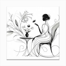 A Beauty Sitting At Table And Enjoy Flowers - Line Drawing Canvas Print