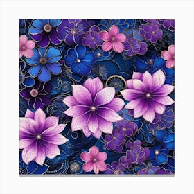 Purple Flowers On A Blue Background 1 Canvas Print