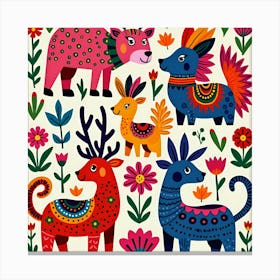 Bright, colourful animal and floral motifs inspired by Otomi embroidery Canvas Print