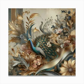 Peacocks And Flowers 4 Canvas Print