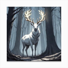 A White Stag In A Fog Forest In Minimalist Style Square Composition 35 Canvas Print