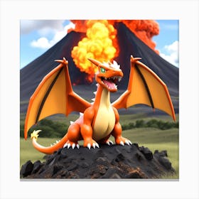 Pokemon Dragon In Front Of Volcano Canvas Print