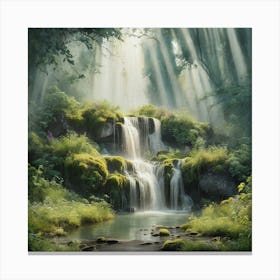 A Tranquil Retreat Watercolor Painting Of A Forest Waterfall (3) Canvas Print