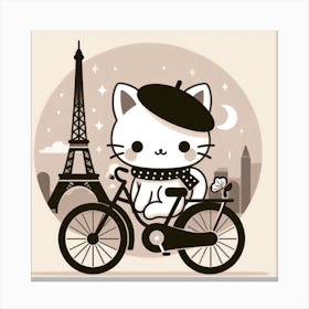 French Cat: A Adorable and Stylish Illustration of a Cat with a Bicycle in Paris Canvas Print